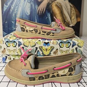 Sperry Tan and Pink Flats with Leopard Print